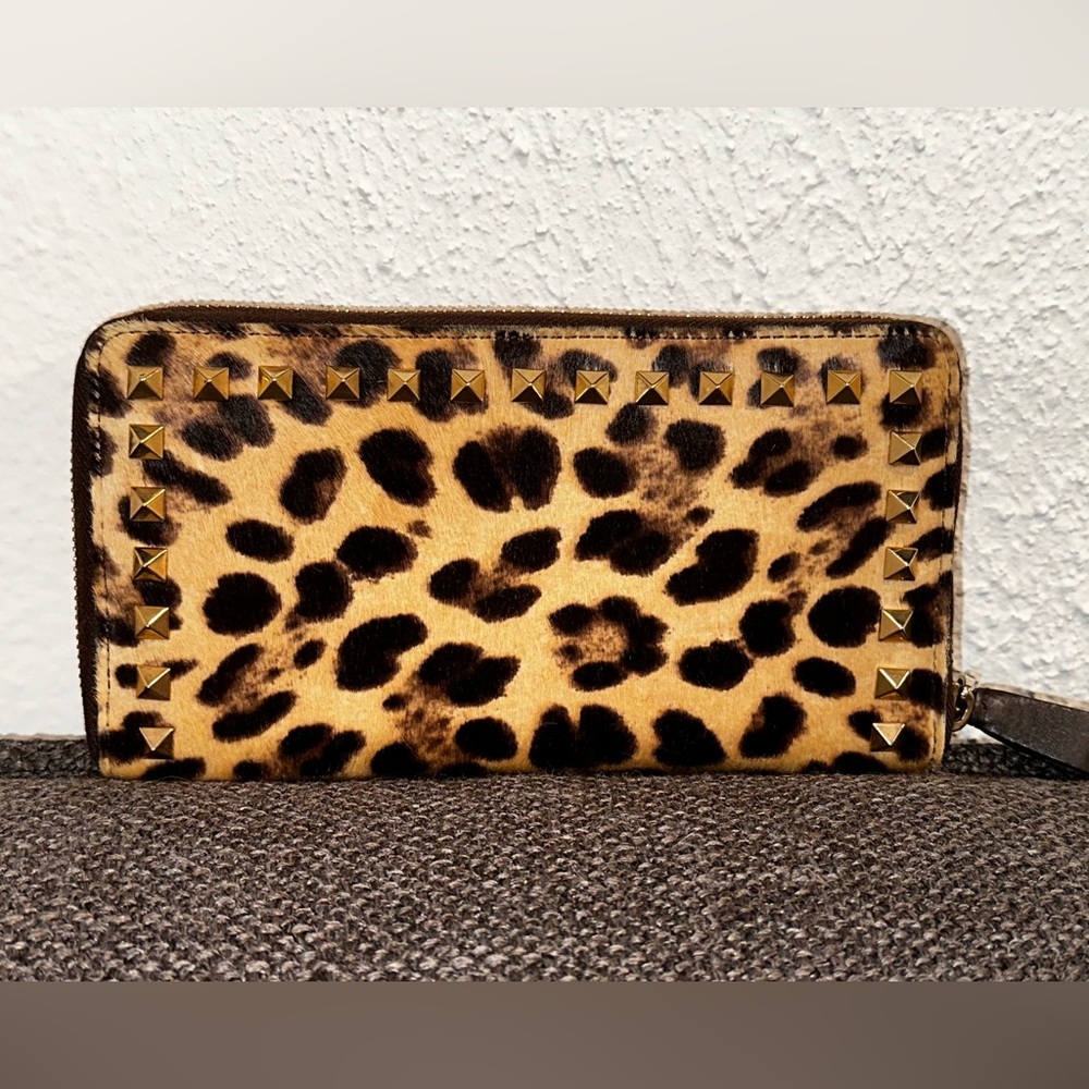 Valentino Pony Hair Rockstud Zipper Wallet